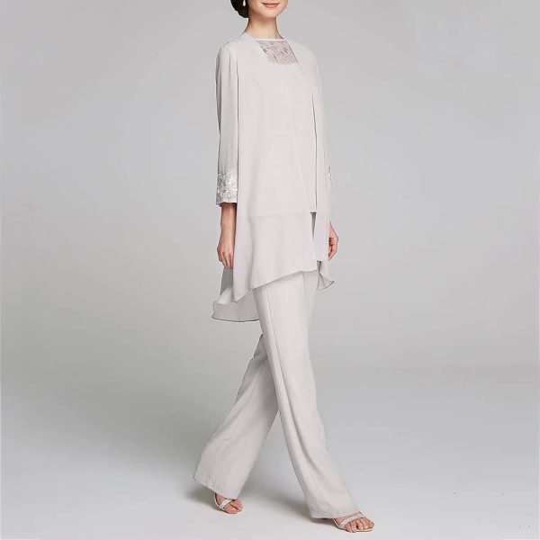 Women's Mother of The Bride Pants Suits Full Length Chiffon Lace 3/4 Sleeve 3 Pcs Wedding Sets