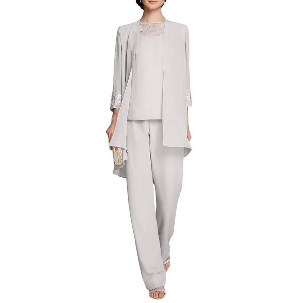 Women's Mother of The Bride Pants Suits Full Length Chiffon Lace 3/4 Sleeve 3 Pcs Wedding Sets