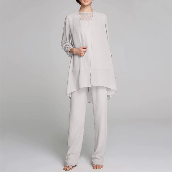 Women's Mother of The Bride Pants Suits Full Length Chiffon Lace 3/4 Sleeve 3 Pcs Wedding Sets