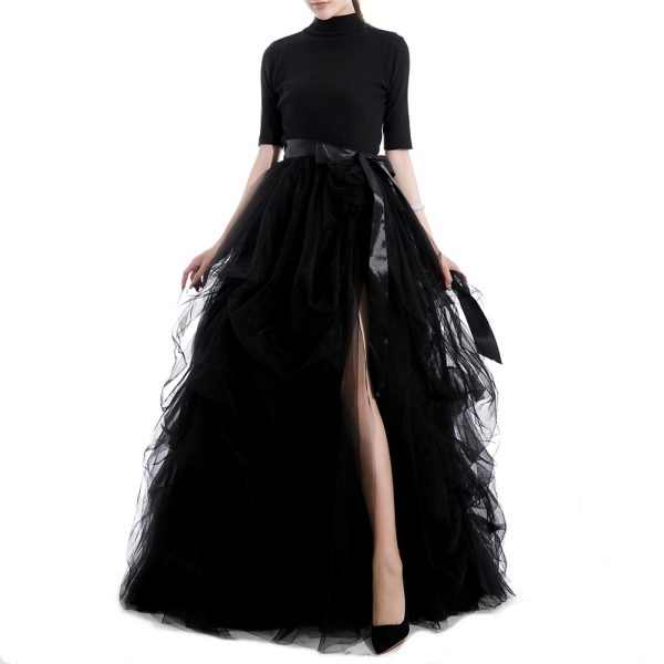 Women's Long Tutu Tulle Skirt A Line Floor Length Black Special Occasion Night Out fold Skirt