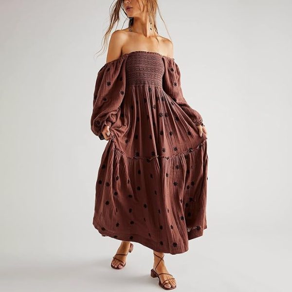 Women Floral Embroidered Maxi Dress Long Puff Sleeve Square Neck Bohemian Flowy Dress with Pockets Smocked Fall Dress