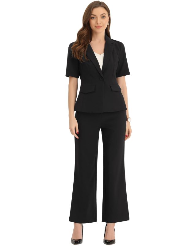 Short Sleeve Blazer Pant Suits Set for Women Business Casual 2 Piece Work Outfits