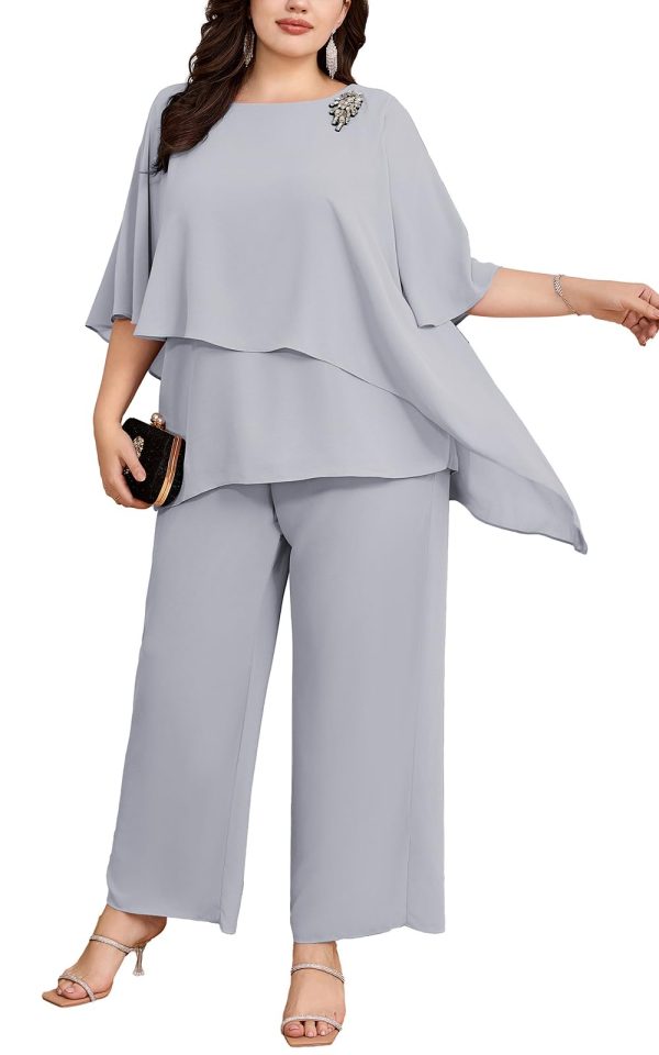 Plus Size Mother of Bride Pant Suits 2 Piece Chiffon Sets Ruffle Layers Wedding Guest Outfit