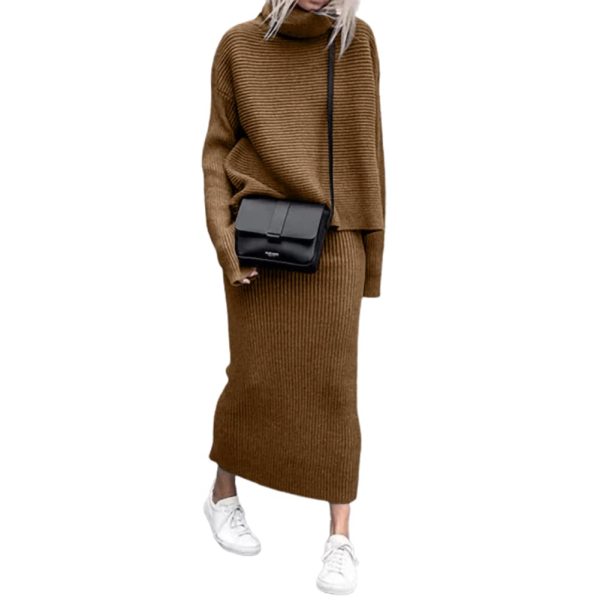 Women's Turtleneck 2 Piece Outfits Ribbed Knit Sweater Midi Pencil Skirt Set