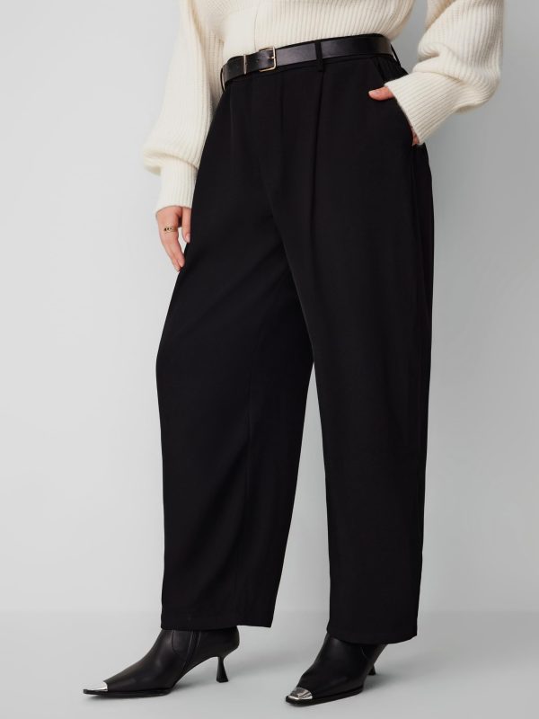High Waist Solid Tapered Trousers with Belt Curve & Plus