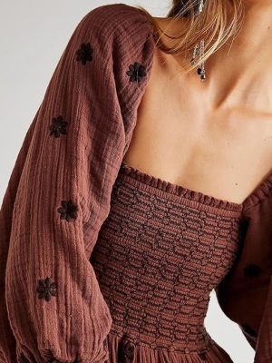 Women Floral Embroidered Maxi Dress Long Puff Sleeve Square Neck Bohemian Flowy Dress with Pockets Smocked Fall Dress