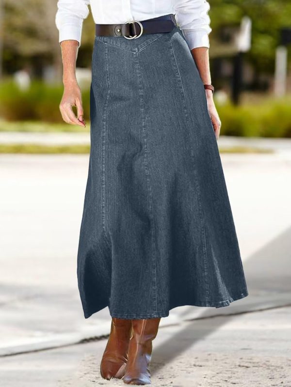 A-Line High Rise Vintage Wash Stitch Detail Long Denim Skirt Without Belt