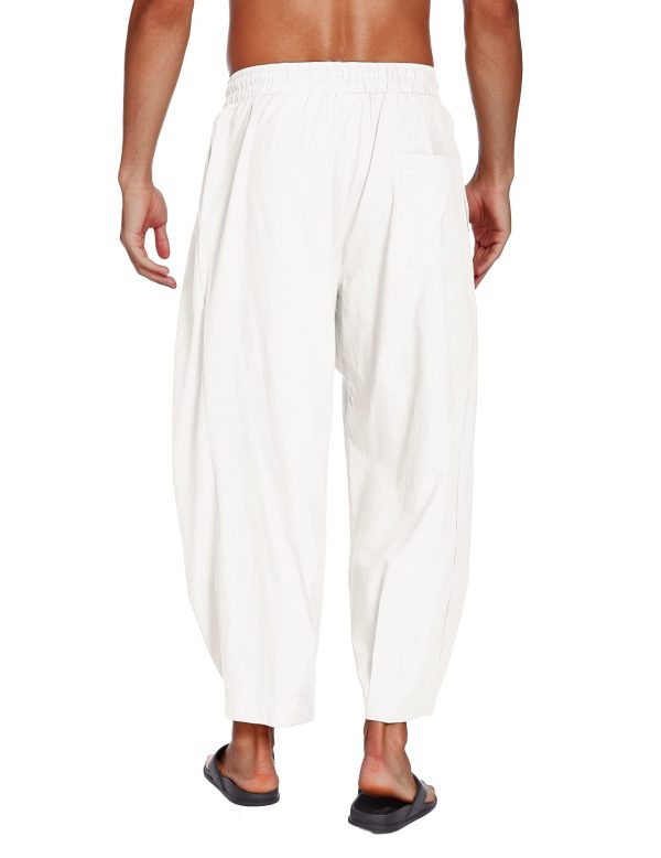 Men's Cotton Linen Harem Pants Drawstring Casual Cropped Trousers Lightweight Loose Beach Yoga Pants with Pockets