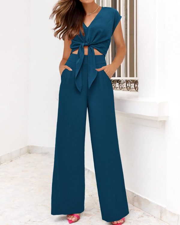 Women's Summer 2 Piece Outfits 2025 Cap Sleeve V Neck Belted Crop Tops Wide Leg Pant Sets Casual Tracksuit