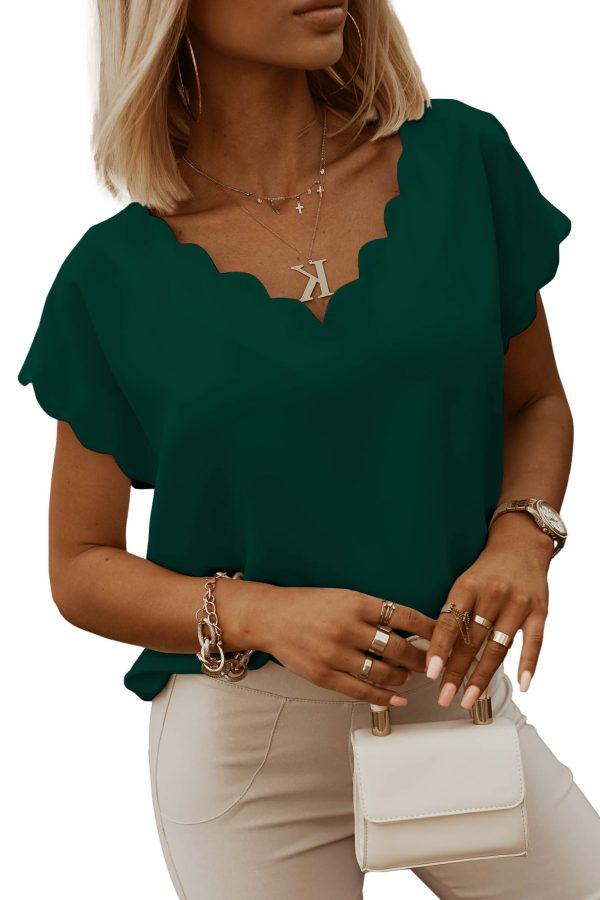 Womens Scallop Trim Summer Fashion Solid Short Batwing Sleeve V Neck Blouses Tops