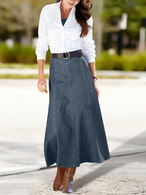 A-Line High Rise Vintage Wash Stitch Detail Long Denim Skirt Without Belt