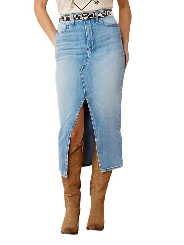 Straight High Rise Vintage Zipped up Wash Split Thigh Midi Denim Skirt Without Belt