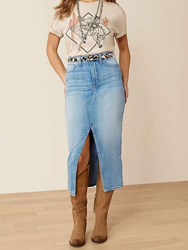 Straight High Rise Vintage Zipped up Wash Split Thigh Midi Denim Skirt Without Belt