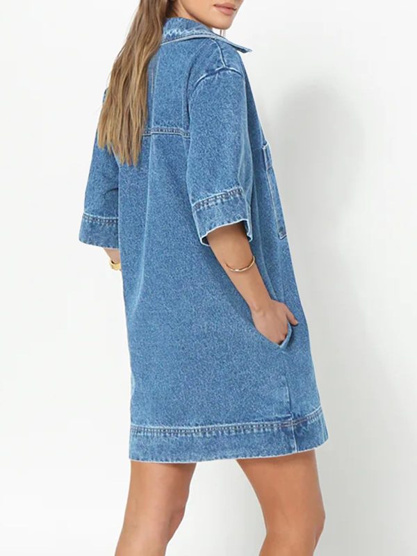 Womens Denim Shirt Dress Summer Collared V Neck Mini Casual Jean Dresses with Pockets