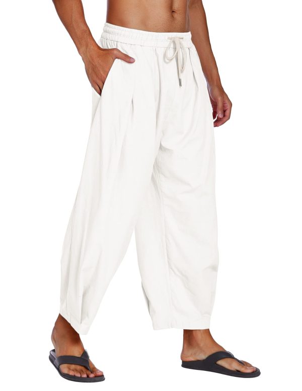 Men's Cotton Linen Harem Pants Drawstring Casual Cropped Trousers Lightweight Loose Beach Yoga Pants with Pockets