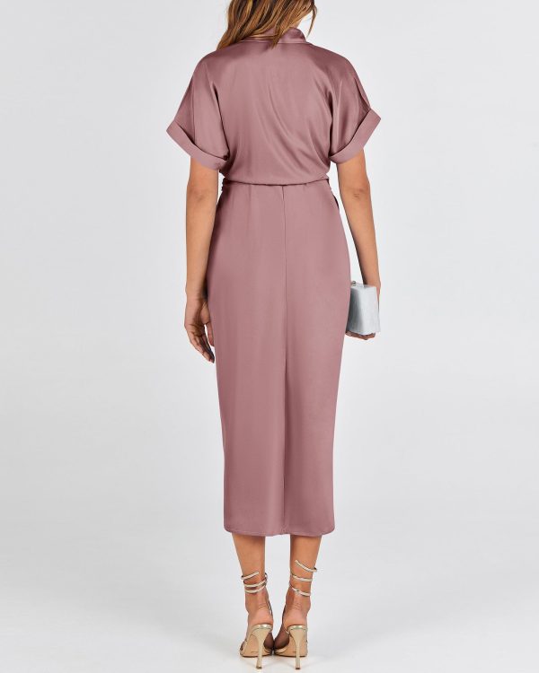 2025 Women Button Down Ruched Shirt Dresses Short Sleeve Lapel V Neck Elegant Party Spring Summer Maxi Satin Dress