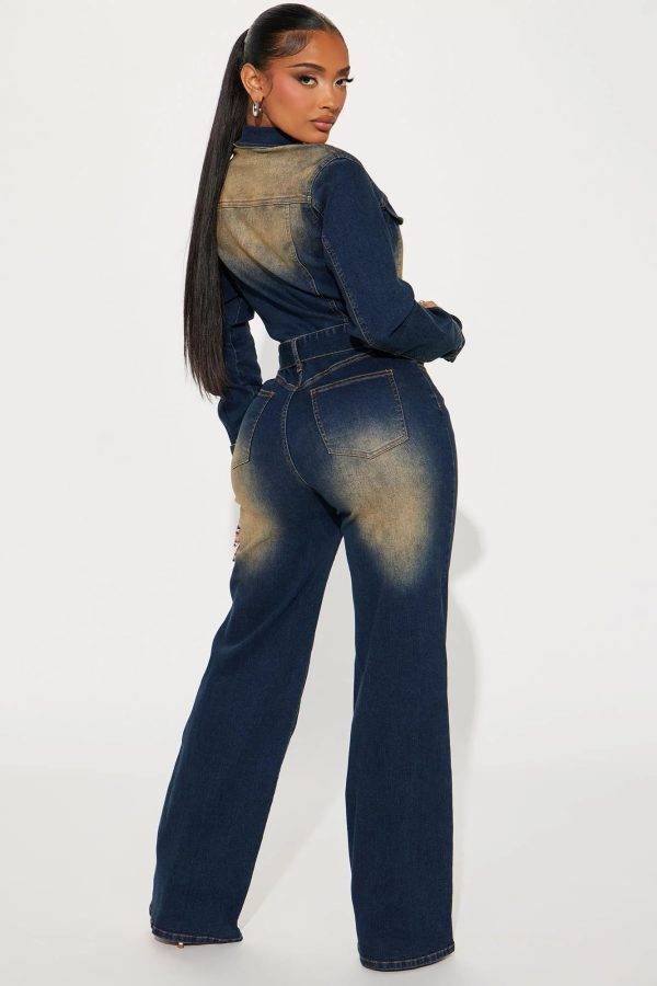 Long Sleeve Denim Jumpsuit for Women Straight Leg Washed Stretch Jean Jumpsuit with Belt Loose Fit Rompers Casual