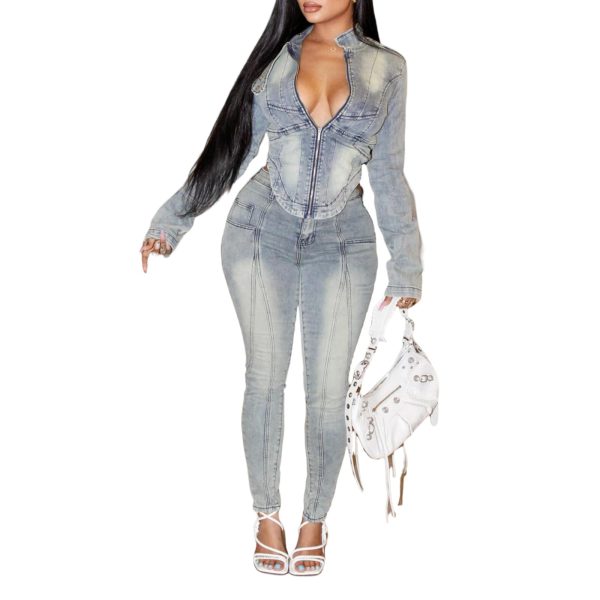 Women's Denim 2 Piece Set Long Sleeve Cropped Jacket Bodycon Pant 2 piece Outfits Vintage Y2K Fall Tracksuit