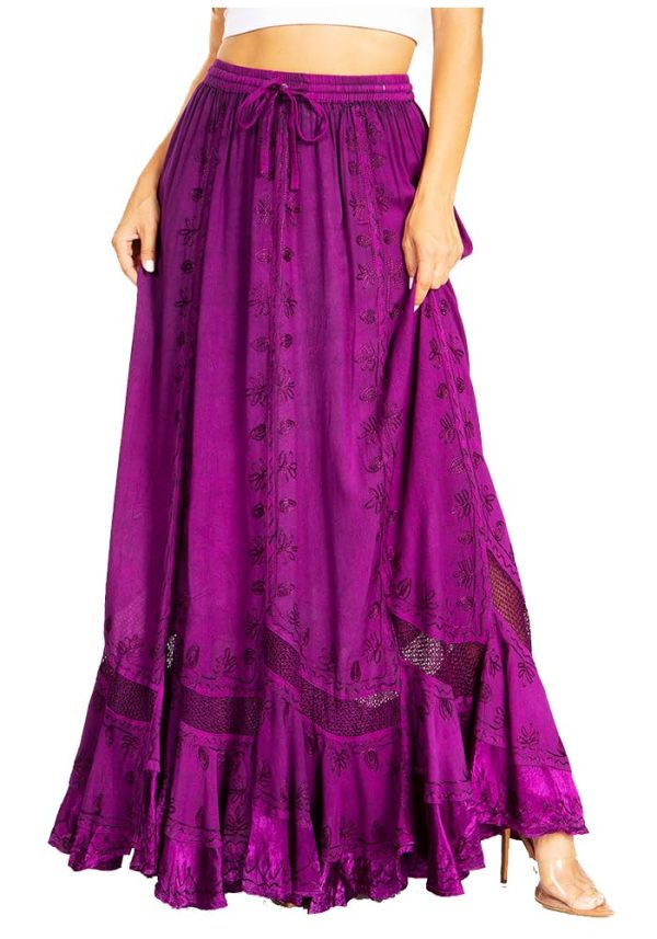 Ivy Second Women's Maxi Boho Elastic Waist Embroidered A Line Long Skirt