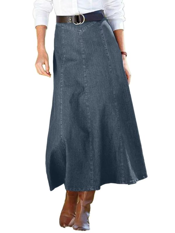 A-Line High Rise Vintage Wash Stitch Detail Long Denim Skirt Without Belt