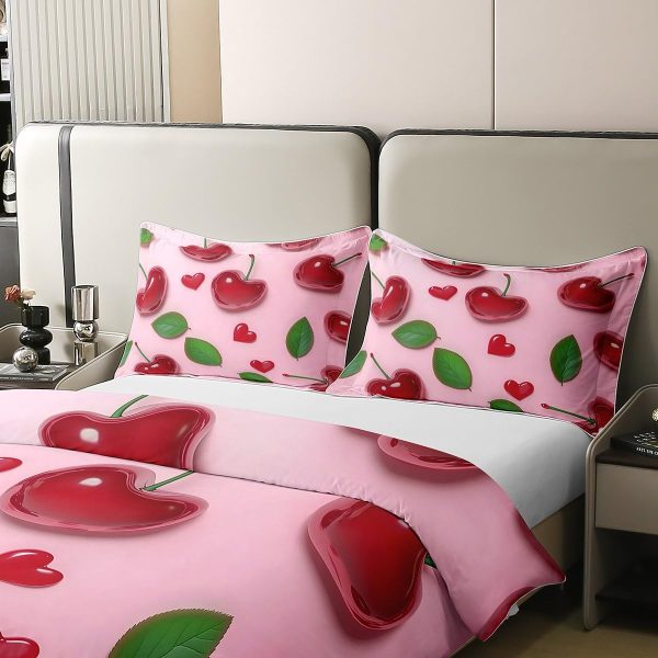 3D Cartoon Cherry Kids Duvet Cover 100% Cotton Queen Size,Botanical Leaves Love Heart Bedding Set for Girls Women,Tropical Fruit