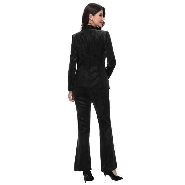 Women Pantsuit Dressy Silver Thread Velvet 2 Piece Suit Set Blazer and Flared Pants