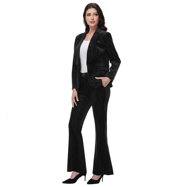 Women Pantsuit Dressy Silver Thread Velvet 2 Piece Suit Set Blazer and Flared Pants
