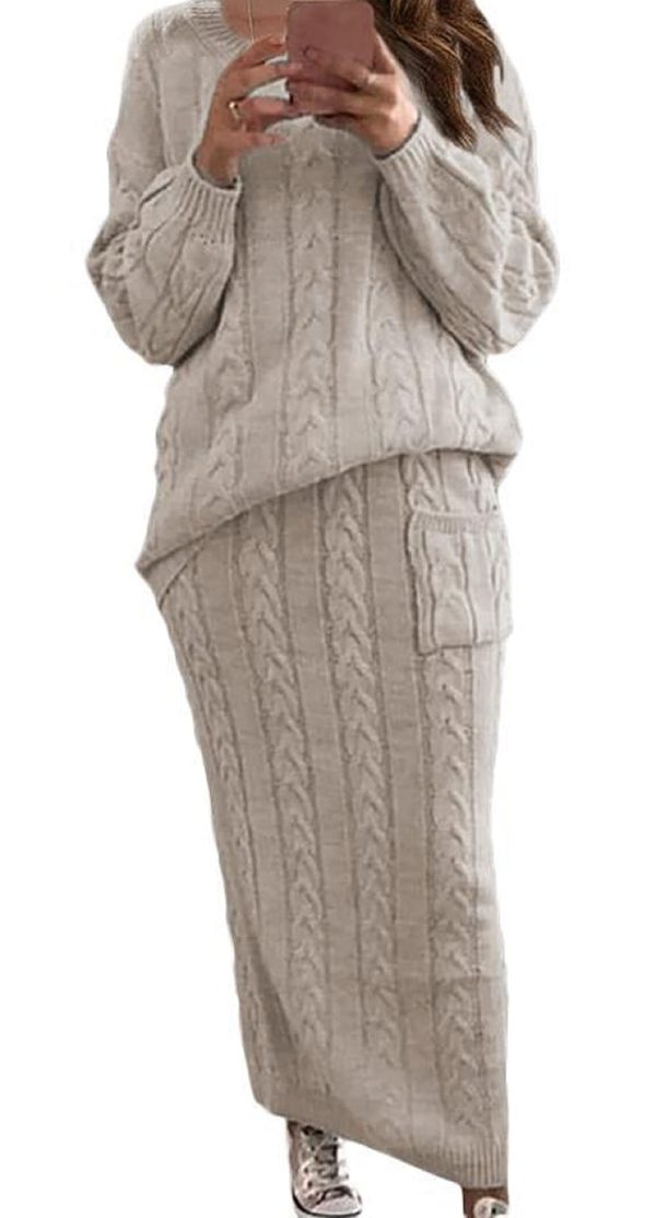 Women's Winter Chunky Cable Knit Long Skirt 2 Piece Outfit Sweater Sets