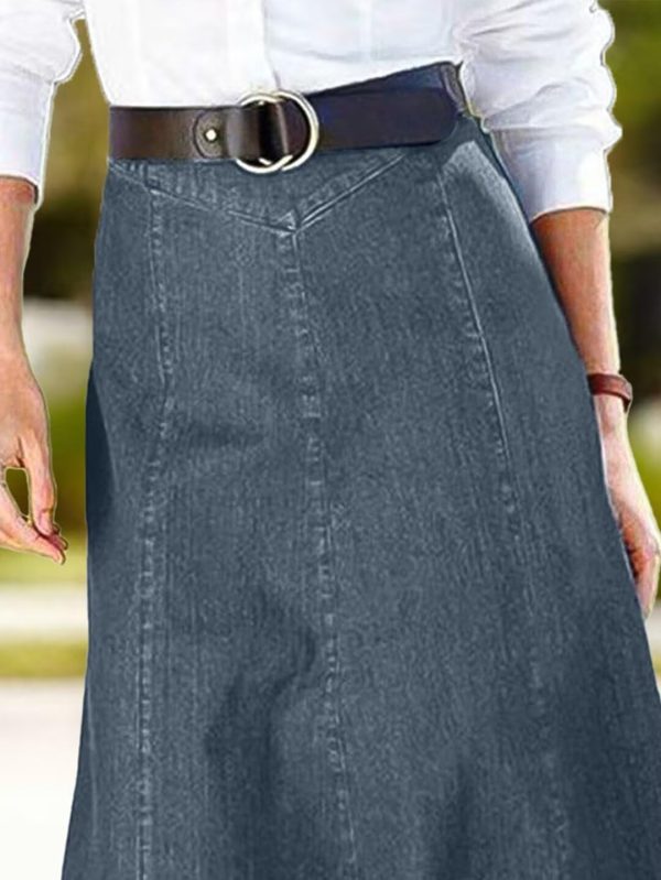 A-Line High Rise Vintage Wash Stitch Detail Long Denim Skirt Without Belt