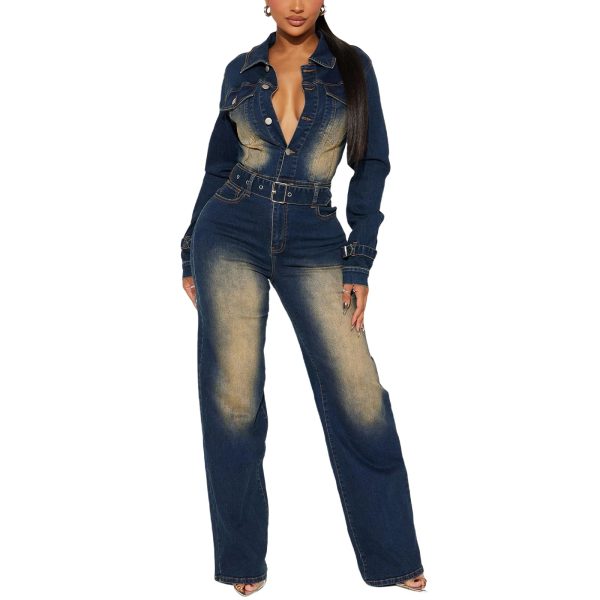 Long Sleeve Denim Jumpsuit for Women Straight Leg Washed Stretch Jean Jumpsuit with Belt Loose Fit Rompers Casual