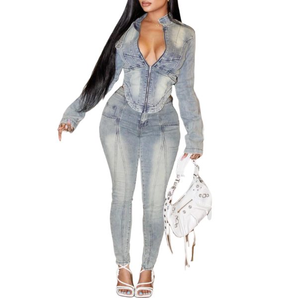 Women's Two Piece Set Denim Outfits Long Sleeve Zip Up Cropped Jean Jacket Bodycon Pants Fall Y2K Outfits Tracksuit