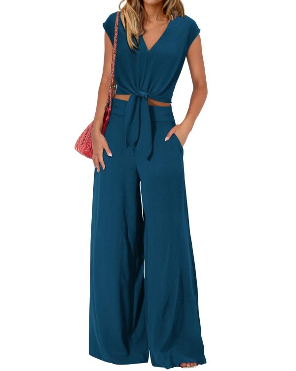 Women's Summer 2 Piece Outfits 2025 Cap Sleeve V Neck Belted Crop Tops Wide Leg Pant Sets Casual Tracksuit