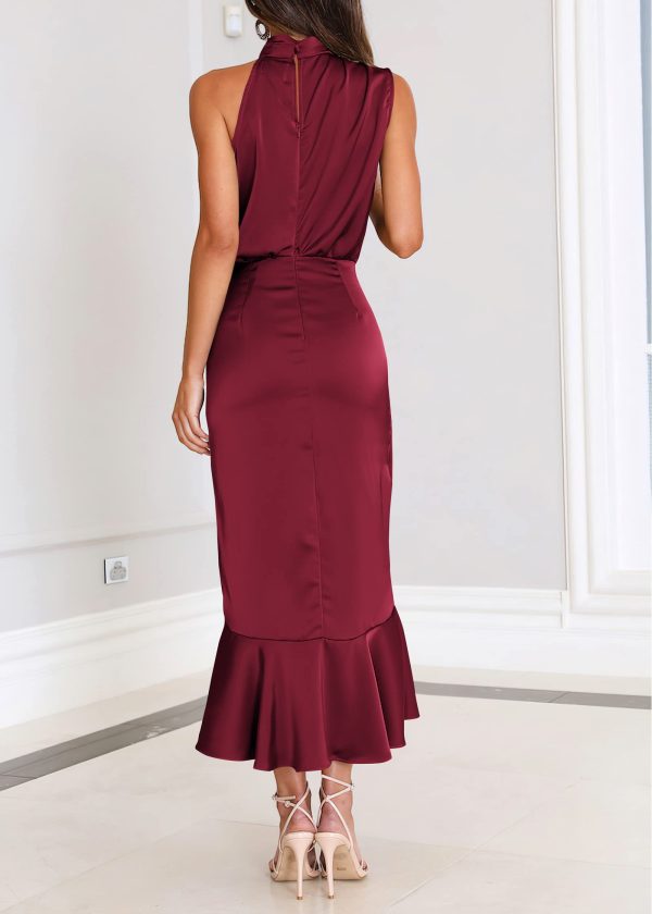 Womens 2025 Summer Satin Mock Neck Wedding Guest Party Cocktail Midi Dress Sleeveless Wrap Ruffle Formal Dresses