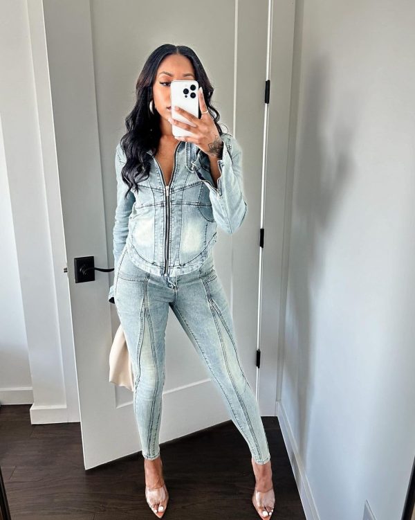 Women's Two Piece Set Denim Outfits Long Sleeve Zip Up Cropped Jean Jacket Bodycon Pants Fall Y2K Outfits Tracksuit