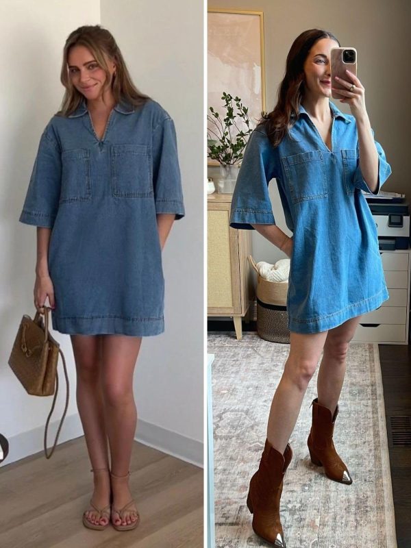 Womens Denim Shirt Dress Summer Collared V Neck Mini Casual Jean Dresses with Pockets