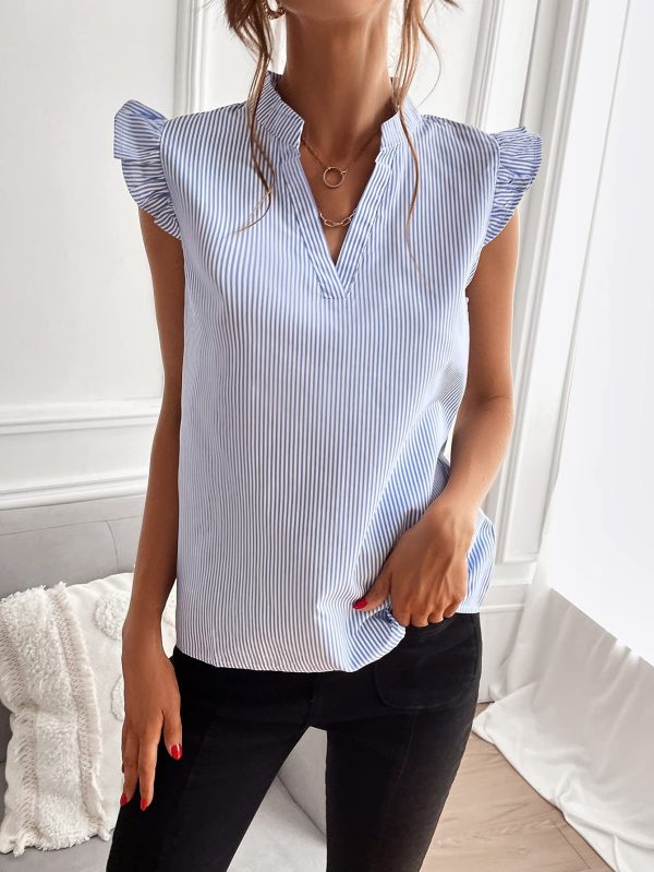 Women's Striped Notched V Neck Ruffle Cap Sleeve Blouse Tops