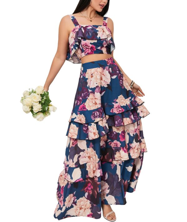 Women's Summer 2 Piece Outfits Floral Print Strap Crop Tops Tiered Ruffle Skirt Sets Maxi Long Dress
