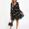 Women's Floral Chiffon Long Sleeve Mini Dress Flowy A-Line Wrap Neck Tie Back Short Dress