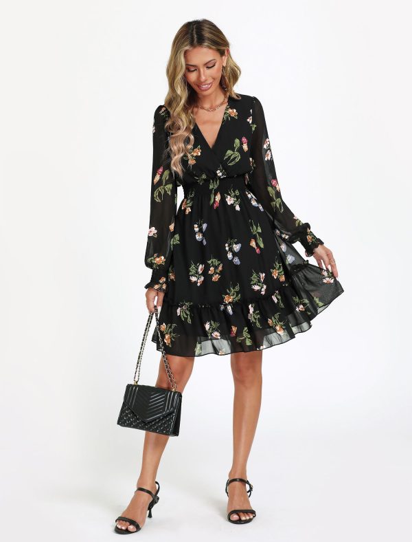 Women's Floral Chiffon Long Sleeve Mini Dress Flowy A-Line Wrap Neck Tie Back Short Dress