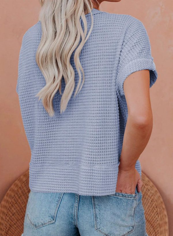 Womens Summer Tops 2025 Waffle Knit Button Down Shirts Casual V Neck Short Sleeve Shacket Jacket Dressy Blouses