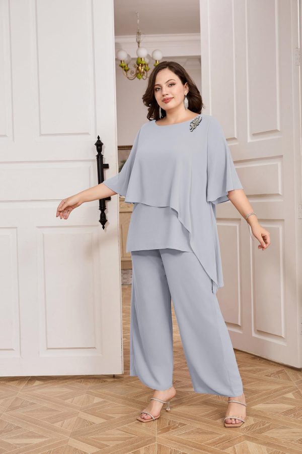 Plus Size Mother of Bride Pant Suits 2 Piece Chiffon Sets Ruffle Layers Wedding Guest Outfit