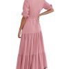 71BMLAyElYL.jpg Women Summer Dresses Short Sleeves V Neck Button Drawstring Maxi Dresses Solid Color Boho Long Dresses