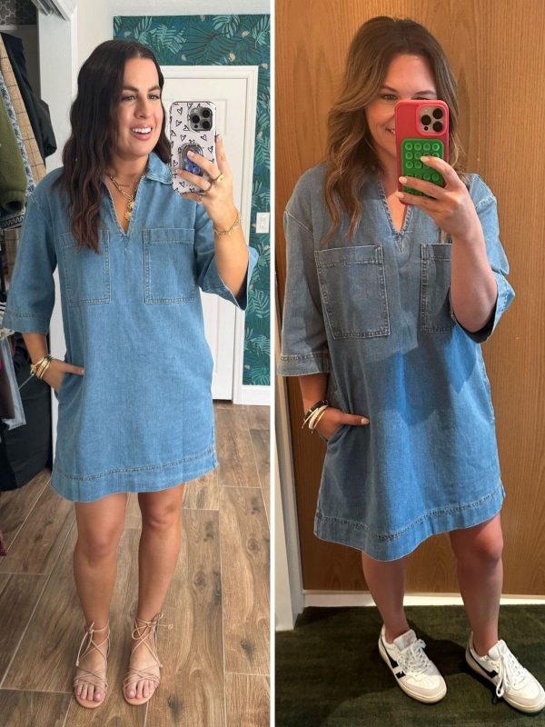 Womens Denim Shirt Dress Summer Collared V Neck Mini Casual Jean Dresses with Pockets