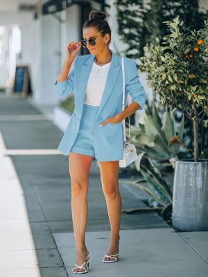 Women's 2 Piece Open Front Long Sleeve Blazer and Solid Short Pants Suit Sets