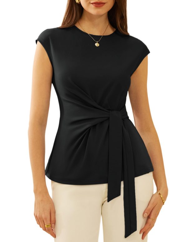 Womens Cap Sleeve Tops 2025 Summer Tie Waist Crew Neck Elegant Blouse Dressy Casual Work Business Shirts