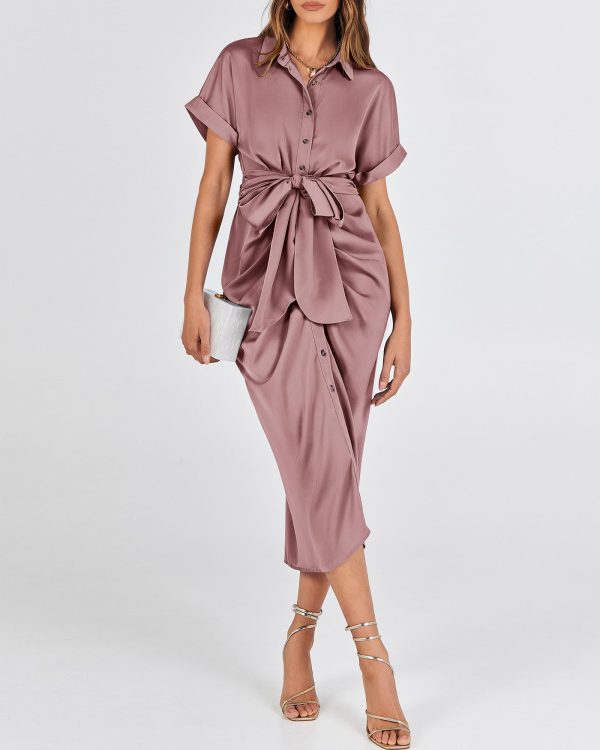2025 Women Button Down Ruched Shirt Dresses Short Sleeve Lapel V Neck Elegant Party Spring Summer Maxi Satin Dress