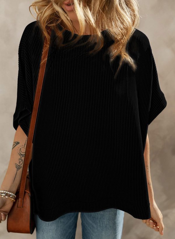 Women's Casual Oversized Short Sleeve Solid Color Loose Texture Knit Tunic Tops Blouses