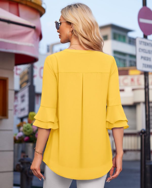 Blouse for Women Dressy Casual Spring Summer 3/4 Ruffle Sleeve Tops Double Layered Business Casual Tunic Work Shirts