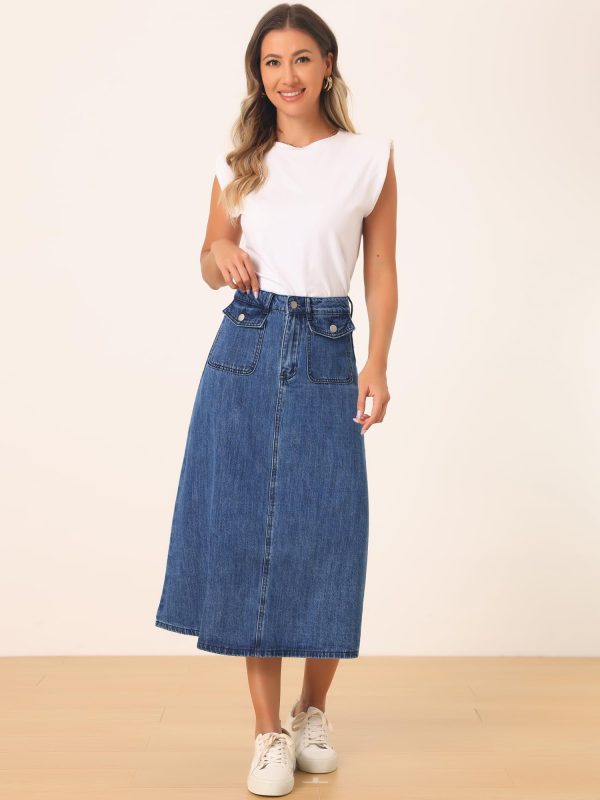Long Jean Skirts for Women's High Waisted Flap Pocket A-Line Vintage Denim Maxi Skirt