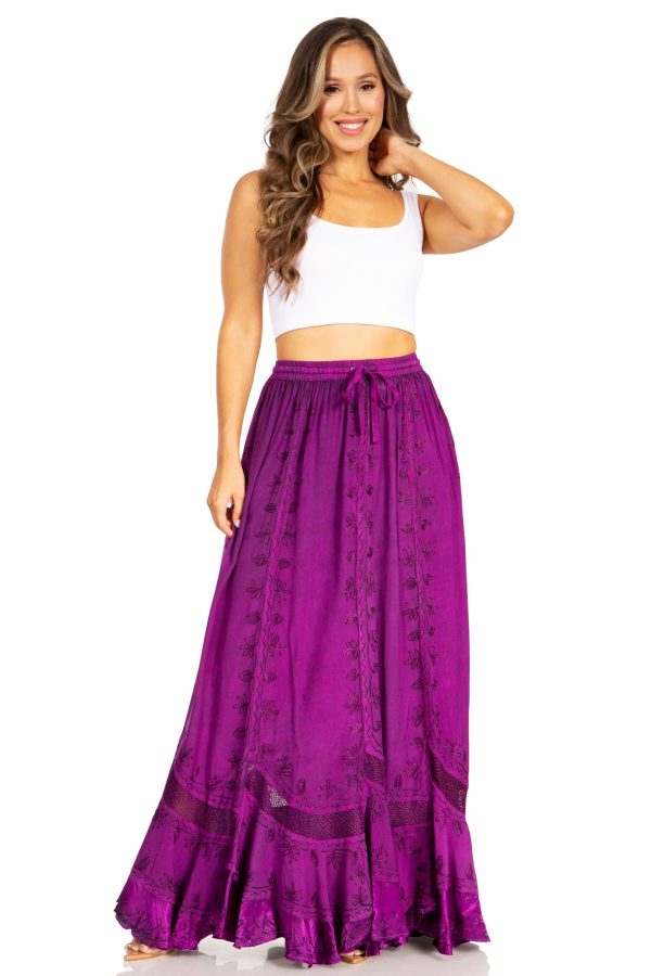 Ivy Second Women's Maxi Boho Elastic Waist Embroidered A Line Long Skirt
